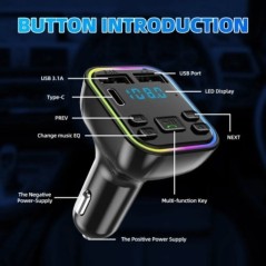 Autós Bluetooth 5.0 FM adó PD Type-C Dual USB 3.1A gyorstöltő Színes környezeti fény kihangosító MP3 modulátor lejátszó