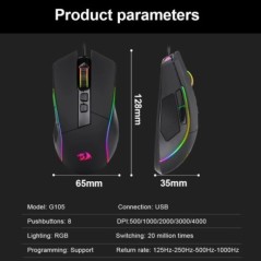 REDRAGON Lonewolf G105 RGB USB vezetékes játékegér 8000 DPI 8 gombos egerek Programozható ergonomikus Számítógépes Laptop PC Gam