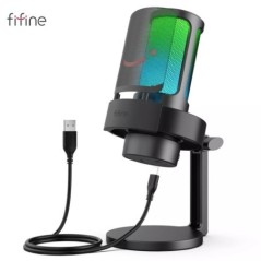 FIFINE USB-mikrofon felvételhez és streameléshez PC-n és Mac-en, fejhallgató kimenet és érintés-némító gomb, mikrofon 3 RGB módd