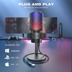 FIFINE USB-mikrofon felvételhez és streameléshez PC-n és Mac-en, fejhallgató kimenet és érintés-némító gomb, mikrofon 3 RGB módd