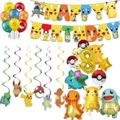 Pokémon Születésnapi Díszek Pikachu Buli Léggömbök Asztali tányér Szalvéta Banner Háttér dekoráció Fiúknak Gyerek Buli Kellékek