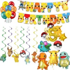 Pokémon Születésnapi Díszek Pikachu Buli Léggömbök Asztali tányér Szalvéta Banner Háttér dekoráció Fiúknak Gyerek Buli Kellékek