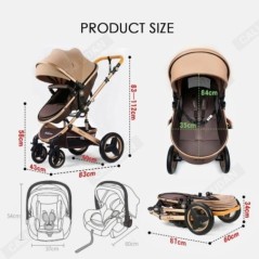 Babakocsi 3 az 1-ben Babakocsi Magas, fekvő, Fit Newborn Travel Összecsukható babakocsi CE jóváhagyással rendelkező fekete babak