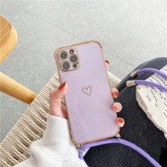 Luxus Crossbody Necklace Lanyard Plating Love Heart puha tok iPhone 15 14 Pro Max 13 12 11 MiNi X XS XR 7 8 plus SE borítóhoz