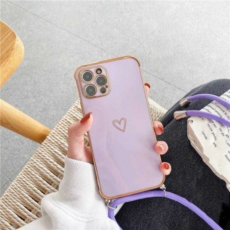 Luxus Crossbody Necklace Lanyard Plating Love Heart puha tok iPhone 15 14 Pro Max 13 12 11 MiNi X XS XR 7 8 plus SE borítóhoz