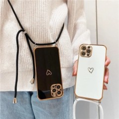 Luxus Crossbody Necklace Lanyard Plating Love Heart puha tok iPhone 15 14 Pro Max 13 12 11 MiNi X XS XR 7 8 plus SE borítóhoz