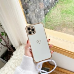 Luxus Crossbody Necklace Lanyard Plating Love Heart puha tok iPhone 15 14 Pro Max 13 12 11 MiNi X XS XR 7 8 plus SE borítóhoz