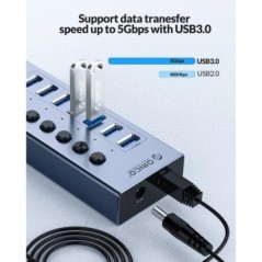 ORICO USB3.0 hub alumínium ipari 7 portos osztó kapcsoló 12 V-os tápadapterrel Macbook mobiltelefon táblagépekhez