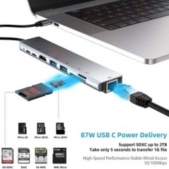 USB C hub 8 az 1-ben Type C 3.1 – 4K HDMI adapter RJ45 SD/TF kártyaolvasóval PD gyorstöltés MacBook notebook laptophoz