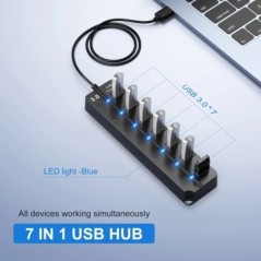 USB hub 3.0 többfunkciós USB nagy sebességű elosztó 7 portos 5 Gbps hub tápadapter kapcsolóval, hosszú kábellel, több bővítő hub