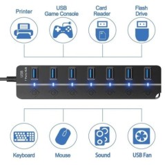 USB hub 3.0 többfunkciós USB nagy sebességű elosztó 7 portos 5 Gbps hub tápadapter kapcsolóval, hosszú kábellel, több bővítő hub