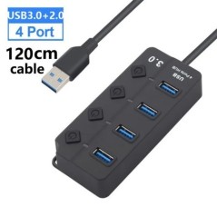 USB hub 3.0 többfunkciós USB nagy sebességű elosztó 7 portos 5 Gbps hub tápadapter kapcsolóval, hosszú kábellel, több bővítő hub