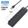 USB hub 3.0 többfunkciós USB nagy sebességű elosztó 7 portos 5 Gbps hub tápadapter kapcsolóval, hosszú kábellel, több bővítő hub