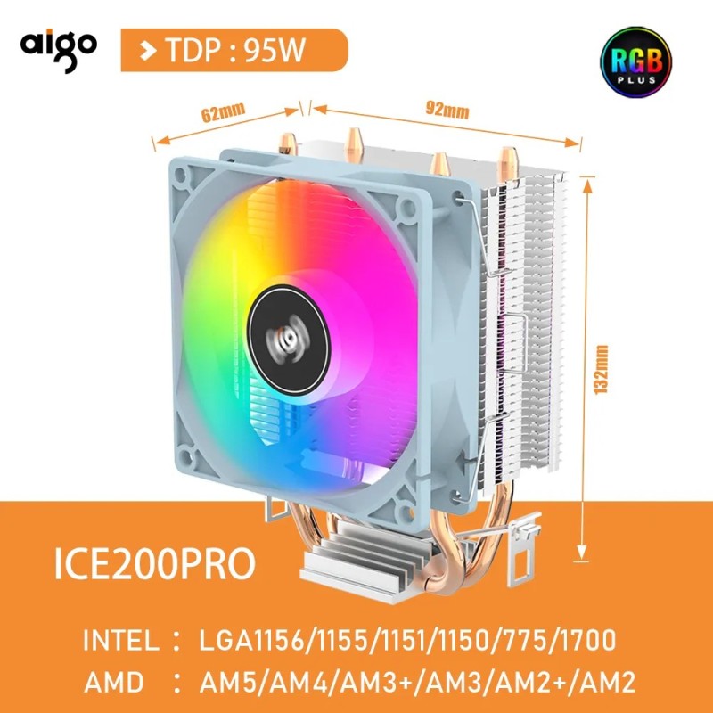 Aigo CPU Cooler 2 4 Heat Pipes PC Radiator Cooling 3PIN PWM Silent Rgb Fan Intel 1700 1150 1155 1156 1366 AM2/AM3/AM4 AMD