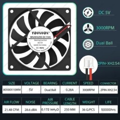 2 DB YOUNUON 80mm 5V USB 80x80x10mm 8cm 5V 12V 24V 8010 2PIN 3PIN kefe nélküli DC hűtő hűtő PC CPU számítógépház Ventilátor hűtő