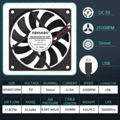 2 DB YOUNUON 80mm 5V USB 80x80x10mm 8cm 5V 12V 24V 8010 2PIN 3PIN kefe nélküli DC hűtő hűtő PC CPU számítógépház Ventilátor hűtő