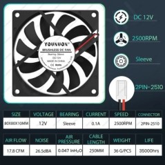 2 DB YOUNUON 80mm 5V USB 80x80x10mm 8cm 5V 12V 24V 8010 2PIN 3PIN kefe nélküli DC hűtő hűtő PC CPU számítógépház Ventilátor hűtő